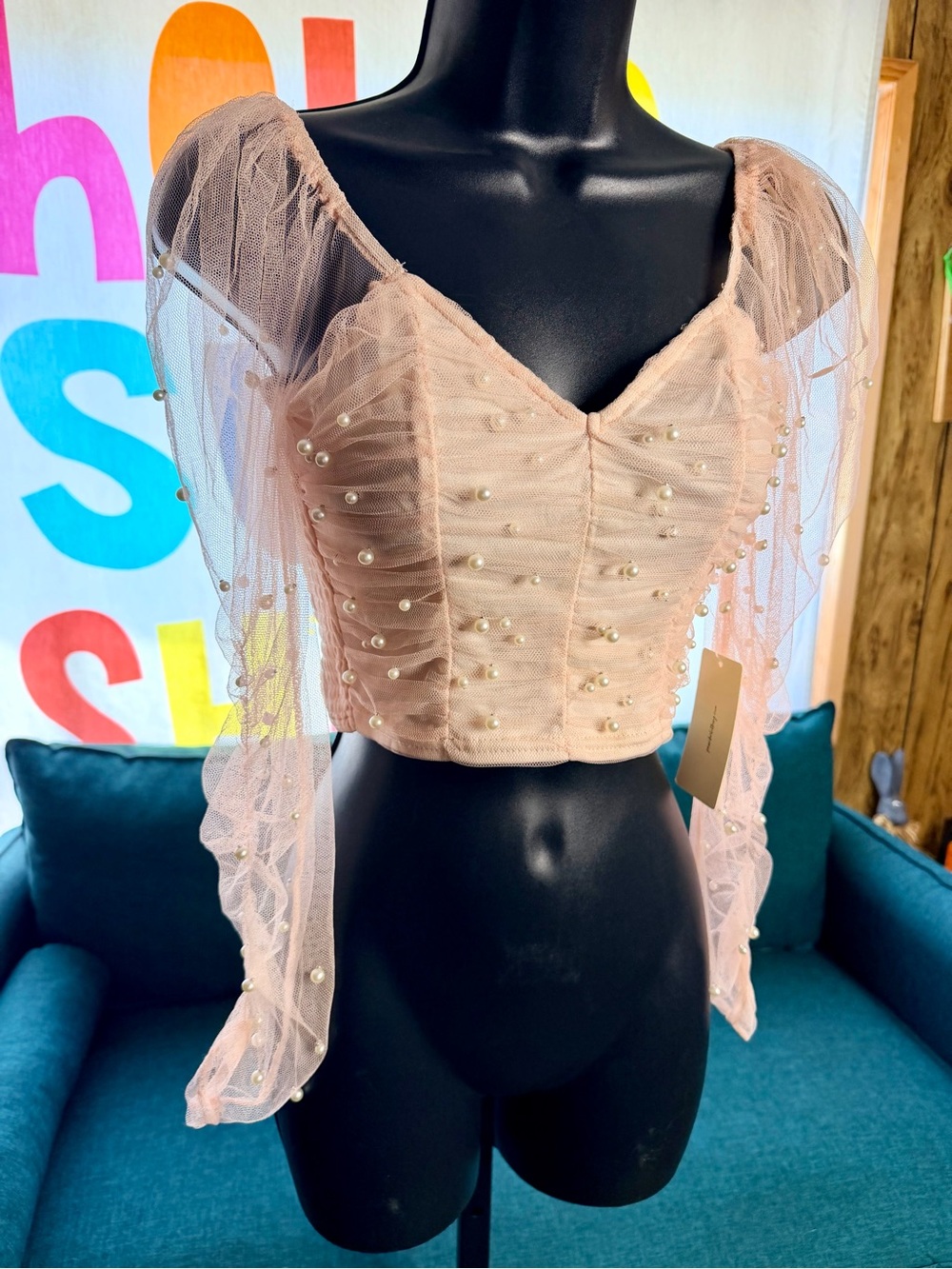 Peach Pearl-Embellished Pink Mesh Puff-Sleeve Crop Top NWT